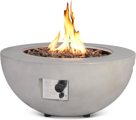 31.5 Inch Round Propane Fire Pit Table - Concrete Round Fire Bowl 50,000 BTU Gas FirePit Burner with Steel Lid, Lava Rocks, Rain Cover for Outside Patio, Backyard, Party