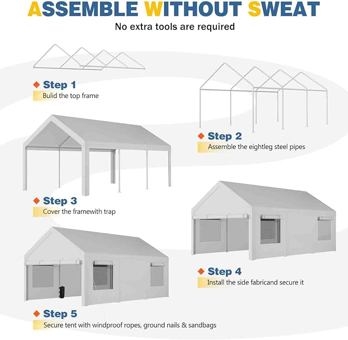 Shintenchi Carport 10' x 20' Heavy Duty Portable Garage, Carport Canopy with Side-Opening Door & Roll-Up Windows, Car Canopy for Truck,Car,Boat,White/Silver