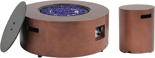 SUNSITT Outdoor 36" Propane Fire Pit with Tank Table 50,000 BTU Round Patio Propane Firepit Table with Tank Holder, Pit Cover, Metal Lid & Fire Glass, Bronze