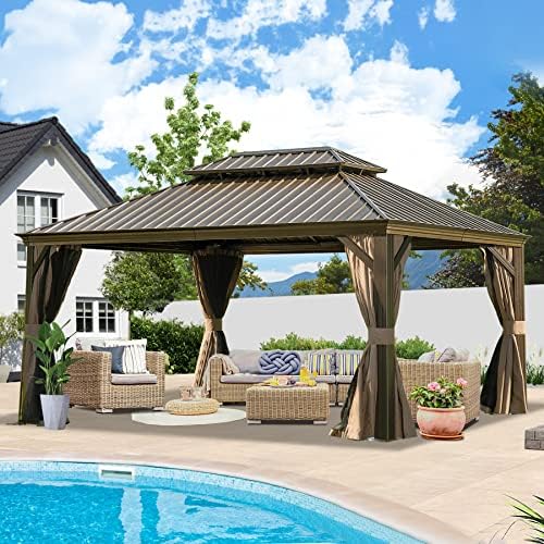 12' x 16' Hardtop Gazebo Outdoor Aluminum Gazebos Grill with Galvanized Steel Double Canopy for Patios Deck Backyard,Curtains&Netting by domi outdoor living