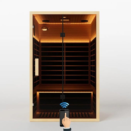 Low EMF Far Infrared Sauna for 2 Person, Canadian Hemlock Wood Sauna Room with Tempered Glass Door, WiFi Control, 110V, 10 Infrared Heaters, 2200W, Reading & 7-Color Starry Light, Oxygen Bar, Speaker