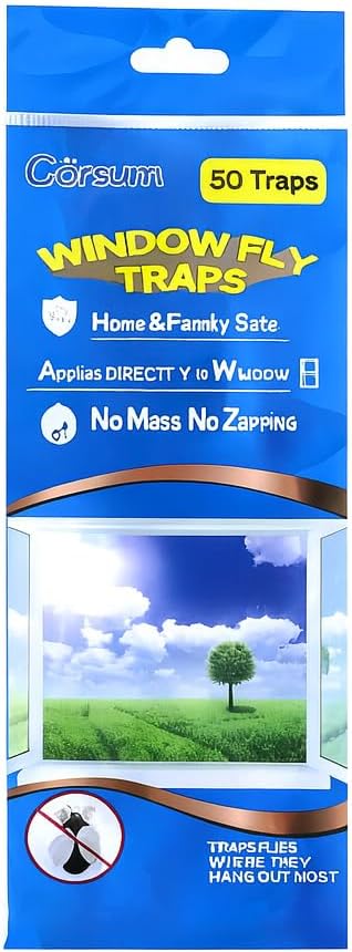 Garsum 50 Pack Window Fly Traps Indoor, Fly Paper Bug Sticky Strips, House Fly Killer Window Decal Non-Toxic