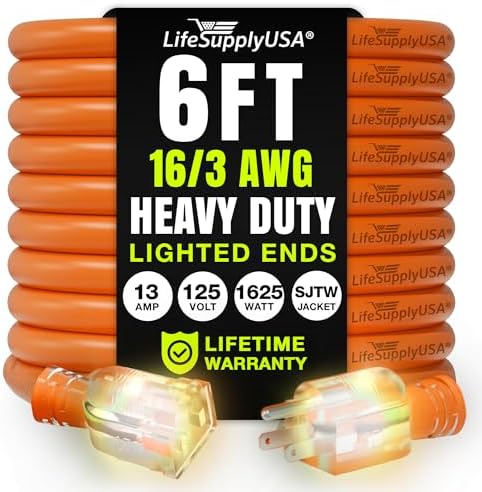 6ft Outdoor/Indoor Extension Cord 16/3 Gauge Heavy Duty 3 Prong SJTW, Waterproof, Flexible Cold-Resistant Long Power Cord,13A 125V 1625W, Orange by LifeSupplyUSA
