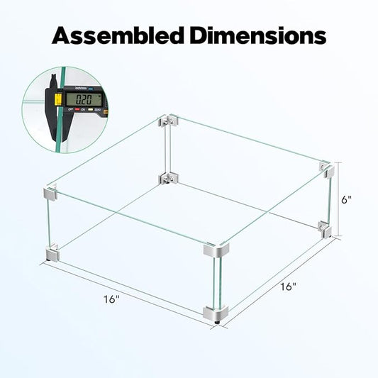 16" x 16" x 6" Glass Wind Guard for Propane Gas Fire Pit Table, Square Thick Tempered Glass Shield, Firepit Glass Barrier with Aluminum Corner Bracket & Rubber Feet
