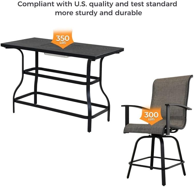 Grand patio 5-Piece Counter Height Patio Bar Set, Swivel Bar Stools and Faux Wood Grain Dining Table with Ice Bucket for Outdoor Kitchen Bistro Small Space Restaurant, Coffee