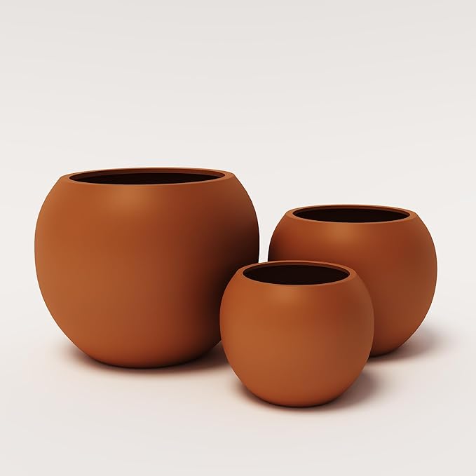 DTY Signature Mount Sherman Modern Indoor Outdoor Fiberstone Sphere Planter, Durable Round Garden Pot, Weather Resistant, Drainage Hole & Rubber Plug, Planter for Christmas Tree - Medium, Terracotta