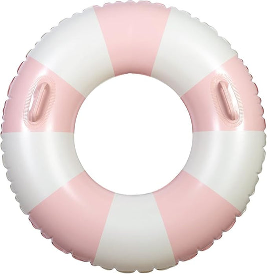 Large Swim Ring with Handles for Kids Adults, 35 Inch Classic Striped Pool Inner Tubes, Inflatable Pool Floats, Float Naked, Pool Floaties Adult Size for Summer Pool Party Beach Pink 1