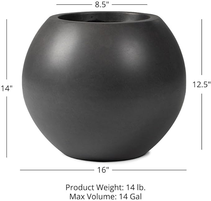 Ash & Ember 16" Round Sphere Charcoal Planter, 14 Gallon Lightweight Fiberstone Composite with Weather-Resistant Finish, Modern Planter Pot for Indoor and Outdoor Plants