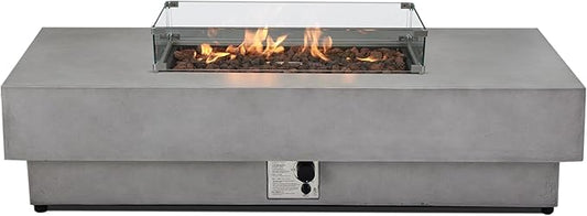 60" Rectangular Propane Fire Pit – 50,000 BTU Concrete Fire Pit with Glass Wind Guard – Backyard Firepits Outdoor – Gas Fireplace for Deck or Patio
