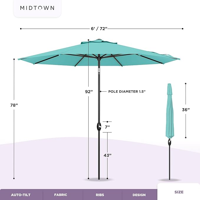 Midtown Umbrellas 10-Year-No-Fade - 6 Ft - UV Proof Black/White Stripes Fabric - Umbrella Outdoor Patio, Aluminum Frame Large Patio Umbrella for Garden, Pool & Deck - Black Pole