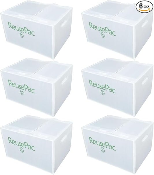 Foldable Box Corrugated PP Lightweight, Storage Moving Mailing, Heavy Duty Stackable, Tape Free Self-Locking Lid, Handles for Business Home (6 Pack oWhite 16x12x10 in)