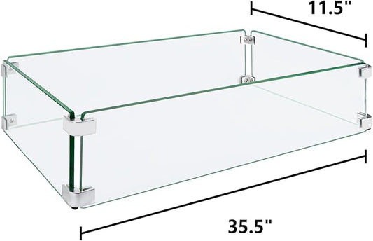 Fire Pit Wind Guard, 35.5"x11.5"x6" Square Fire Pit Glass Wind Guard Made of Clear Tempered Glass, Set with Assembly Instructions, Free Screwdriver, Easy to Install