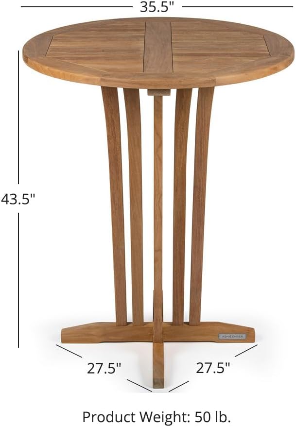 Ash & Ember Acadia Grade A Teak 35" Round Bar Table, Indoor Outdoor Patio Bar Furniture, Weather Resistant Solid Wood for Garden, Backyard, Patio, Tightly Spaced Slats