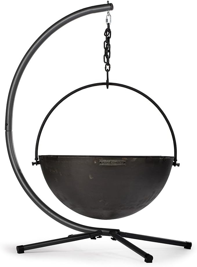 Ash & Ember 42" Cast Iron Cauldron Fire Pit Bowl, Double Hinged Grill Grate with Easy-Lift Handles, Handing Chain and Cauldron Stand, Round Wood Burning Patio Fire Bowl for Backyard Entertainment