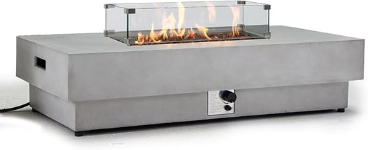 60Inch Outdoor Propane Fire Pit Table with Wind Guard, 2-Piece Concrete Large Rectangular Fire Table with Lid, Lava Rocks, Rain Cover - 50,000 BTU Firepits for Outside Patio, Backyard