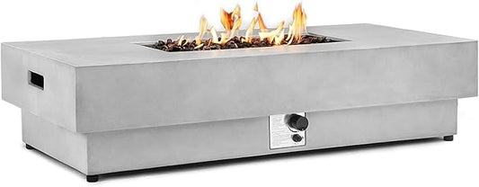 60-inch Outdoor Propane Fire Pit Table, 50,000 BTU Natural Gas Firepit Rectangule Concrete Fire Table with Steel Lid, Natural Gas Orifice, Rain Cover for Outside Patio, Deck, Backyard, Garden
