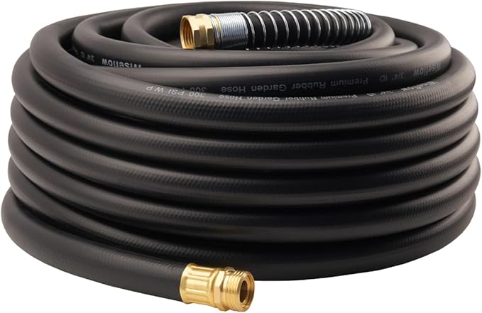 WiseFlow Garden Hose 75FT x 3/4", Heavy Duty Rubber Hose, Water Hose with Five Layered Braiding, Male Female Fittings, 1000PSI Burst, 300PSI Working (Black)