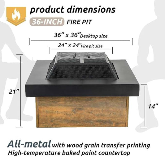 36 Inch Fire Pits for Outside Wood Burning, Iron Square Firepits for Outside, Wood Burning Fire Pit for Camping, Garden, Backyard, Bonfire Party, Wood+Black