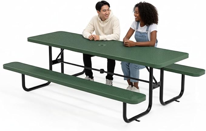 OUTTANS Commercial Heavy-Duty Metal Picnic Table - ADA Compliant, Adjustable Seats, Umbrella Hole (Green, 8' Rectangular, Punched Steel)