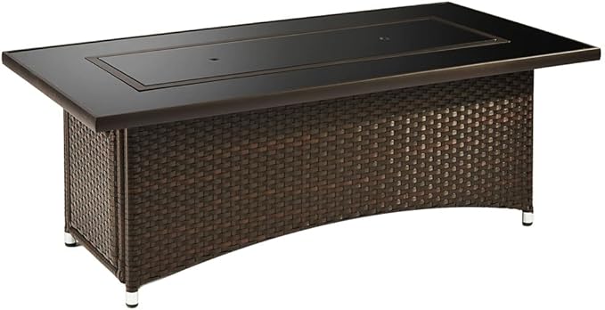 Outdoor GreatRoom Co Propane Fire Pit Table - Balsam Montego Gas Fire Pits for Outside Patio - 60 Inch Rectangular Glass Top Firepit Fire Table with Matching Tabletop Cover, Wicker Base, 80,000 BTU
