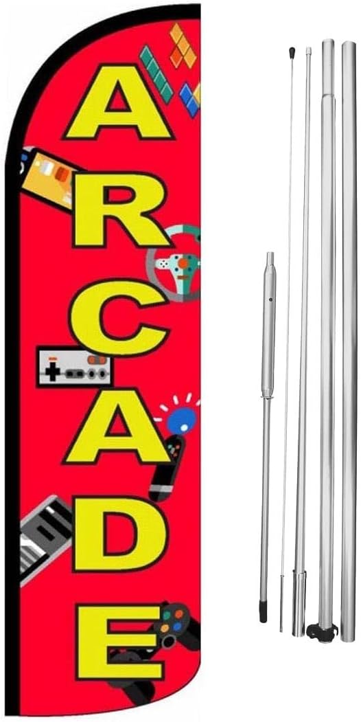 Arcade Feather Flag | 3ft W x 11.5ft H | Durable Super-Knit Polyester with Aluminum Flagpole and Ground Spike | Outdoor Advertising Banner Flag for Promotions | One Kit w/Hardware