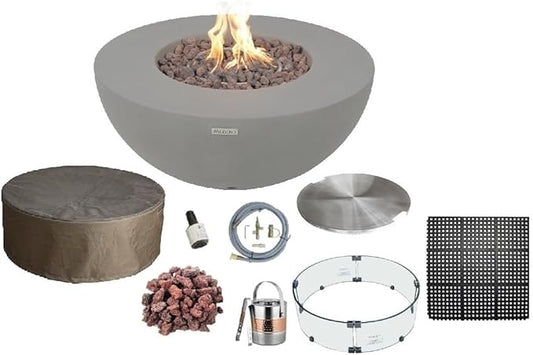 AMS Fireplace | Modeno Roca Package | Light Gray Natural Gas Fire Pit Table for Outdoor Patio Bundle with Wind Guard and SS Burner Lid | Free Rubber Mat & Ice Bucket
