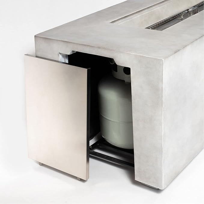 70" Linear Rectangular Modern Concrete Fire Pit Table, Double Level Storage Unit and Lava Rocks, Side Handles – Light Grey.
