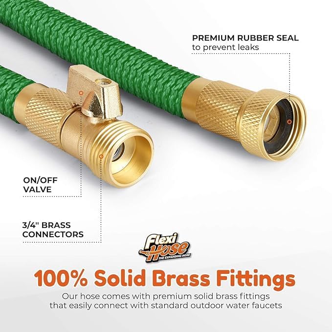 Flexi Hose with 8 Function Nozzle, 25FT - Lightweight Expandable Garden Hose, No-Kink Flexibility, 3/4 Inch Solid Brass Fittings and Double Latex Core - Green