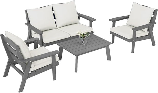 FOOWIN 4-Piece Patio Furniture Set, HDPE All-Weather Outdoor Conversation Set with Thick Cushions, Sectional Patio Sofa Furniture for Deck, Porch, Lawn, Garden, Grey Frame & White Cushion