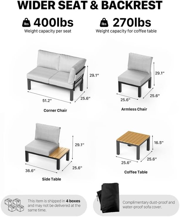 ZANDOR Aluminum Outdoor Patio Furniture Set, 4 Pieces Movable Backrest Modular Sectional Sofa Set, Metal Conversation Set with 4-inch Thick Cushion for Garden Backyard Porch, Grey