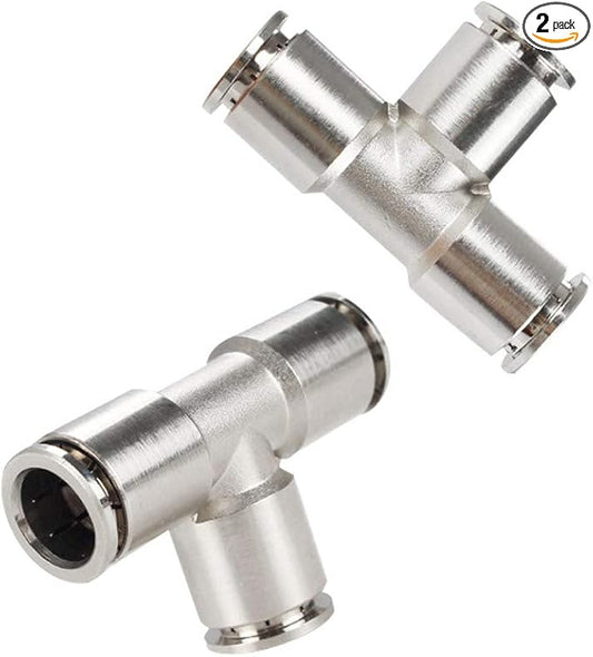 Beduan Push to Connect Tube Fitting Union Tee, Copper Nickle-Plated 5/16" Tube OD 3 Way Tee Shaped Union Adapter Fitting (Pack of 2)