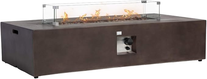 COSIEST Outdoor Propane Fire Pit Table 56" x 28" Rectangle Bronze Compact Concrete-Like Finish, Certified, 50,000 BTU,Wind Guard, Tank Outside, Free Lava Rocks, Fits 20lb Tank Outside, Raincover