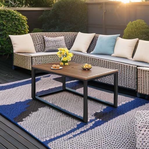 MFSTUDIO Outdoor Patio Dining Table for 6, Rectangle Metal Patio Table 64"x38" Wood-Like Tabletop with Adjustable Umbrella Hole for Deck,Backyard,Lawn,Garden