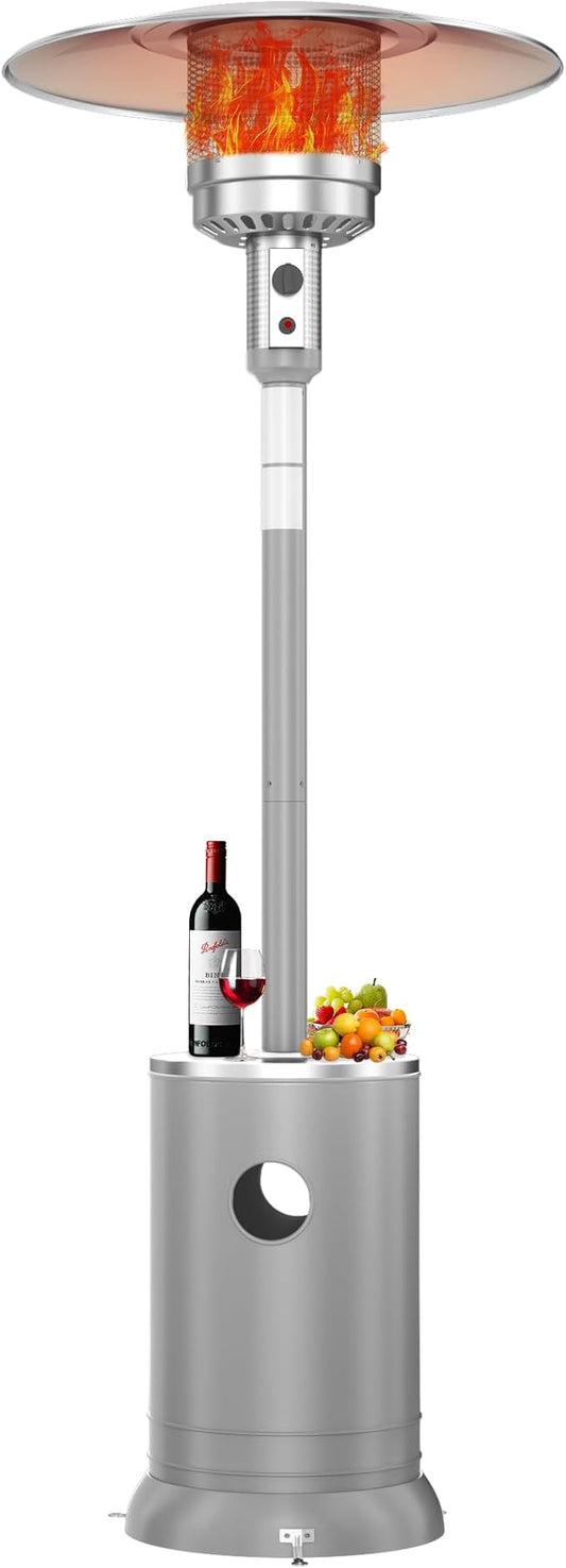50,000 BTU Propane Patio Heater, Double-Layer Stainless Steel Burner, Round Table Design with Wheels, Outdoor Space Heater for Garden, Patio & Residential Use, Grey