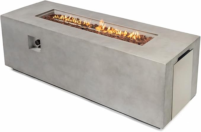 70" Linear Rectangular Modern Concrete Fire Pit Table, Double Level Storage Unit and Lava Rocks, Side Handles – Light Grey.