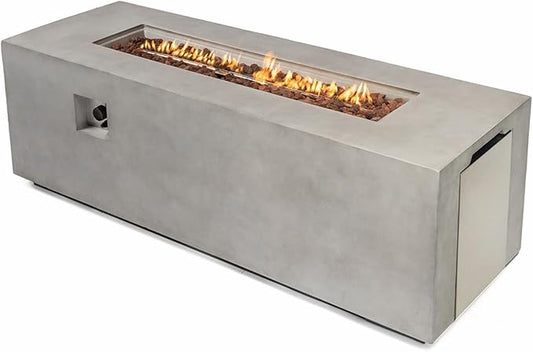 70" Linear Rectangular Modern Concrete Fire Pit Table, Double Level Storage Unit and Lava Rocks, Side Handles – Light Grey.