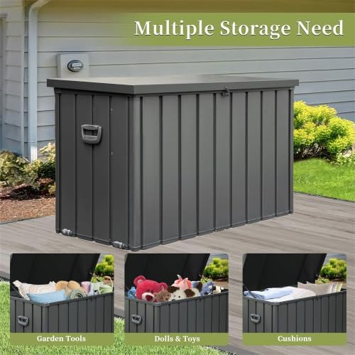 JOSHEN 200 Gallon Outdoor Storage Deck Box with Lockable and Mobile Roller,Large Steel Container Bin with Waterproof and UV Resistant for Garden,Patio,Dark Gray
