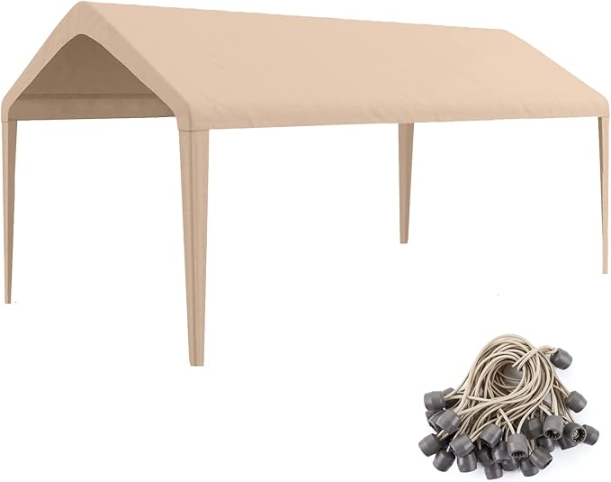 Carport Replacement Canopy Cover 12'x20' for Tent Top Garage Shelter Cover with Ball Bungees, 800D Heavy Duty Replacement Cover Waterproof & UV Protection, Not Included Frame(Brown)