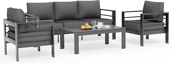 UDPATIO 6 Piece Aluminum Patio Furniture Set, Oversized Modern Outdoor Furniture Set with Olefin Fabric Cushion for Patio Deck Backyard, Dark Grey(with Waterproof Covers)