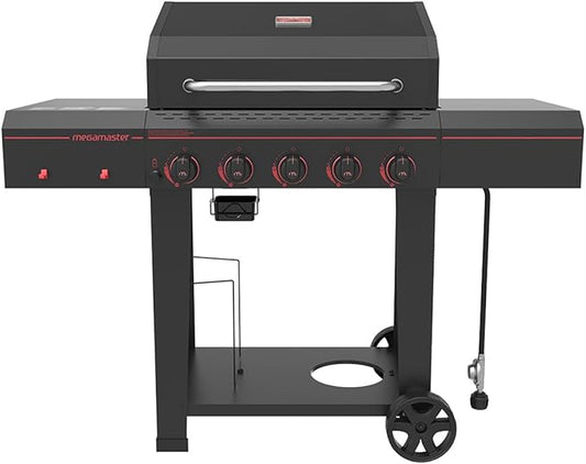 Megamaster 5-Burner Propane Gas Grill with Side Tables, Accessory Hooks, 50,000 BTUs, 656 SQ. In. Cooking Space, 2 Wheel Transport, Outdoor Kitchen Grill for BBQs, Backyards, and More - 720-0982