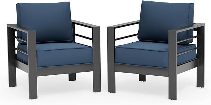 UDPATIO Patio Aluminum Sofa Patio Armchairs Set of 2, 5" Thickness Cushion Outdoor Seating Set for Porch, Blue Cushions(Include Waterprroof Cover)