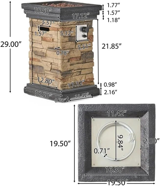 Outdoor Propane Fire Pit Table, 19.5 Inch Column MGO Concrete Gas Fire Pit with Lava Rocks, Smokless Firepits for Outside Patio, Garden, Backyard, 40,000 BTU, Tank Inside, Stone Gray
