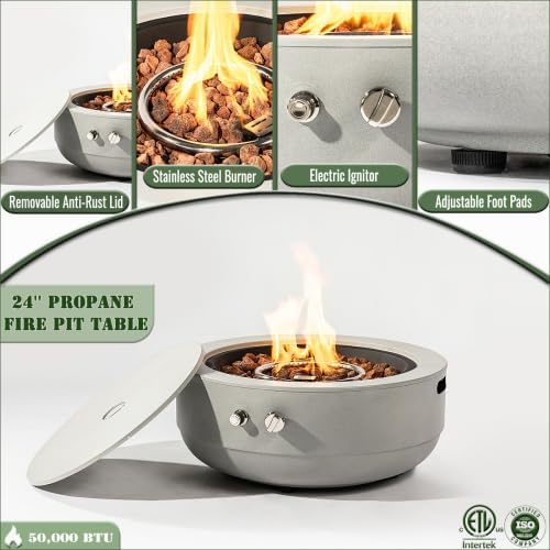 24" Round Propane Gas Fire Pit, 50000 BTU Round Steel Fire Pit for Outside Patio Deck Garden Backyard