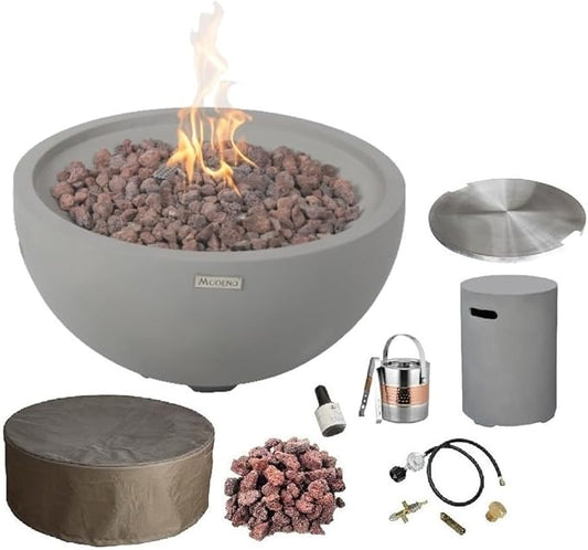 AMS Fireplace | Modeno Nantucket Package | Light Gray Liquid Propane Gas Fire Pit Table for Outside Patio Bundle with Tank Cover and SS Burner Lid | Free Ice Bucket