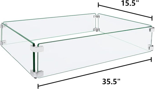 Fire Pit Wind Guard, 35.5"x15.5"x6" Glass Wind Guard for Fire Pit Square Table, Made of Clear Tempered Glass, Set with Assembly Instructions, Easy to Install