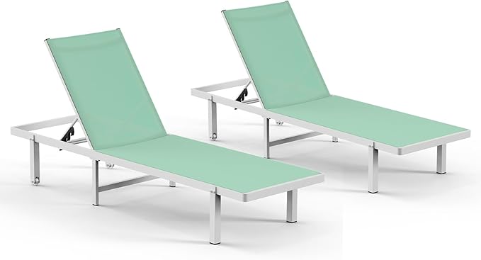 Pool Lounge Chairs Set of 2，Outdoor Lounge Chairs with Wheels and 5-Position Recliner -Easy to Move- Aluminum Patio Lounge Chair for Poolside, Deck (LightGreen)