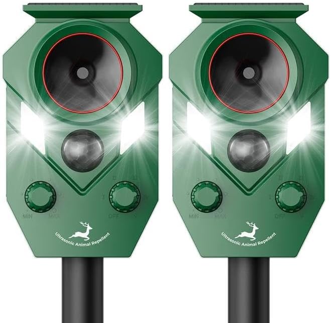 2 Packs Solar Ultrasonic Animal Repeller Device with PIR Sensor Detection, Waterproof Deer Repellent Device Outdoor for Deer, Squirrels, Cats, Dogs, Raccoons, Rabbits, Skunks, Foxes & More