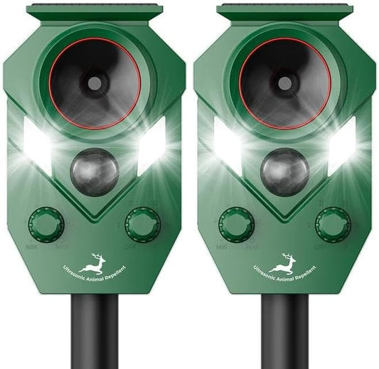 2 Packs Solar Ultrasonic Animal Repeller Device with PIR Sensor Detection, Waterproof Deer Repellent Device Outdoor for Deer, Squirrels, Cats, Dogs, Raccoons, Rabbits, Skunks, Foxes & More