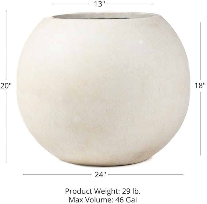 Ash & Ember 24" Round Sphere Satin Ivory Planter, 46 Gallon Lightweight Fiberstone Composite with Weather-Resistant Finish, Modern Planter Pot for Indoor and Outdoor Plants