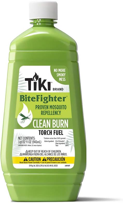 TIKI Clean Burn Mosquito Repellent Torch Fuel – 1/4 Gallon (32 oz.), Smokeless & Low-Soot Citronella, Mosquito Repellent, Plant-Based Formula for Outdoor, Patio, Garden & Backyard Torches